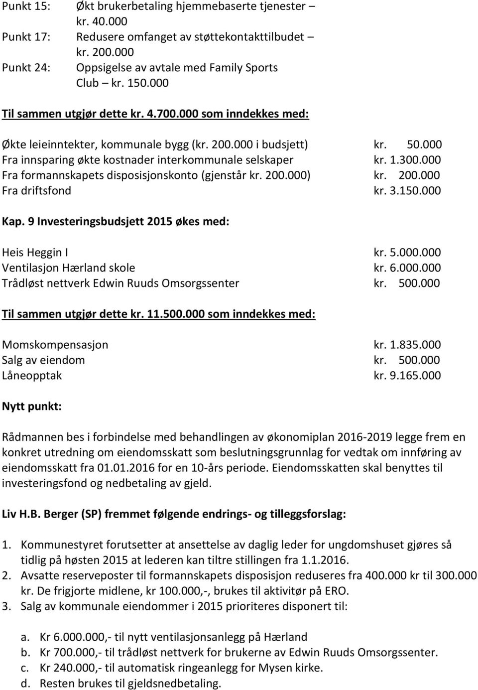 000 Fra formannskapets disposisjonskonto (gjenstår kr. 200.000) kr. 200.000 Fra driftsfond kr. 3.150.000 Kap. 9 Investeringsbudsjett 2015 økes med: Heis Heggin I kr. 5.000.000 Ventilasjon Hærland skole kr.