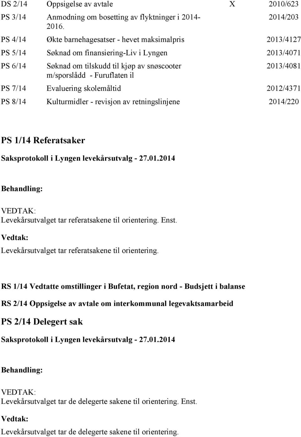 il 2013/4081 PS 7/14 Evaluering skolemåltid 2012/4371 PS 8/14 Kulturmidler - revisjon av retningslinjene 2014/220 PS 1/14 Referatsaker Levekårsutvalget tar referatsakene til orientering. Enst.