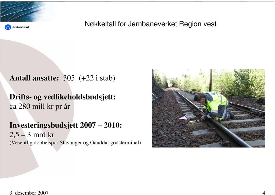 pr år Investeringsbudsjett 2007 2010: 2,5 3 mrd kr (Vesentlig