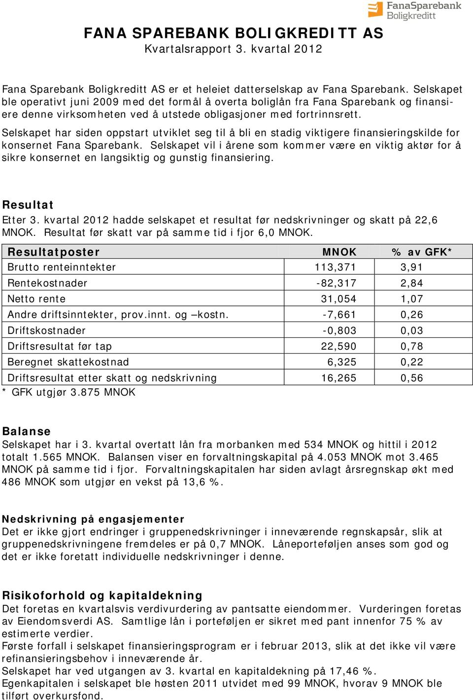 Selskapet har siden oppstart utviklet seg til å bli en stadig viktigere finansieringskilde for konsernet Fana Sparebank.