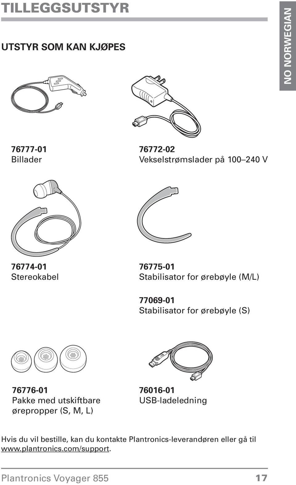 ørebøyle (S) 76776-01 Pakke med utskiftbare ørepropper (S, M, L) 76016-01 USB-ladeledning Hvis du