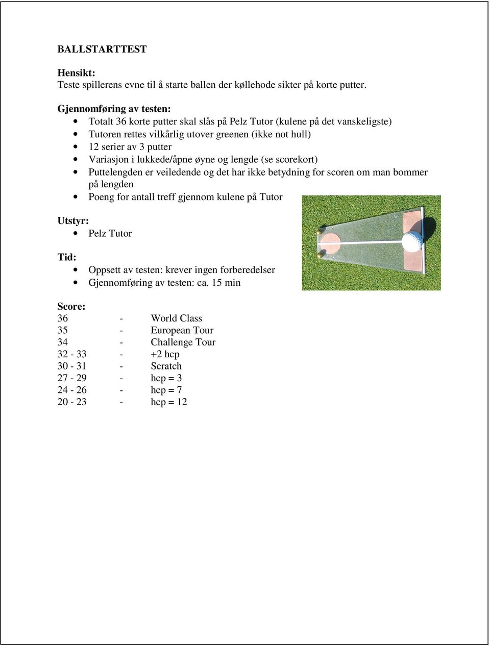 Variasjon i lukkede/åpne øyne og lengde (se scorekort) Puttelengden er veiledende og det har ikke betydning for scoren om man bommer på lengden Poeng for antall treff gjennom
