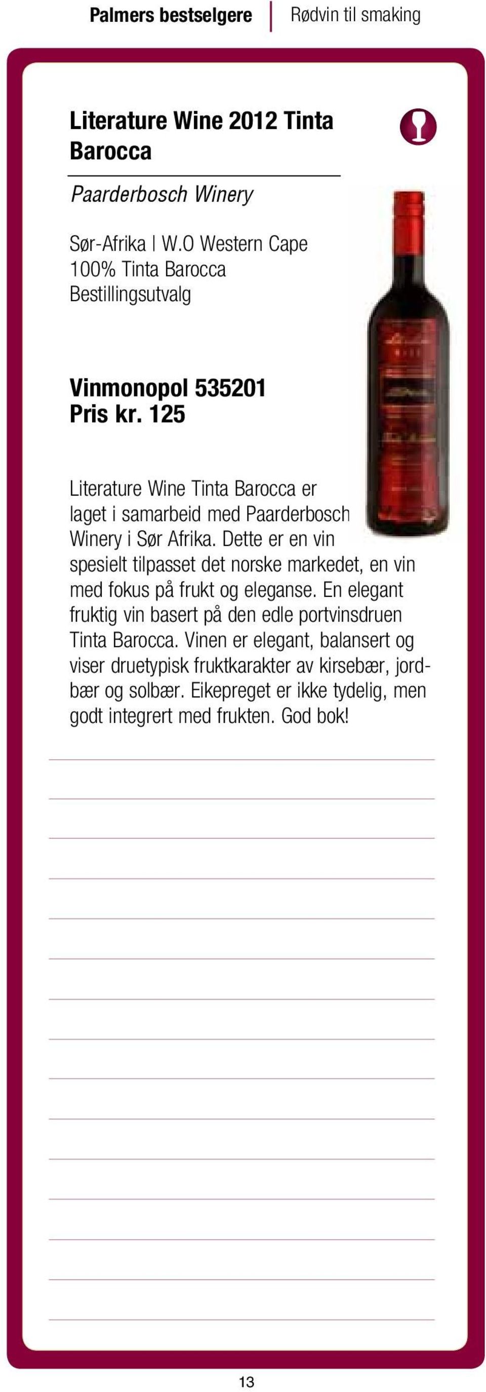 125 Literature Wine Tinta Barocca er laget i samarbeid med Paarderbosch Winery i Sør Afrika.