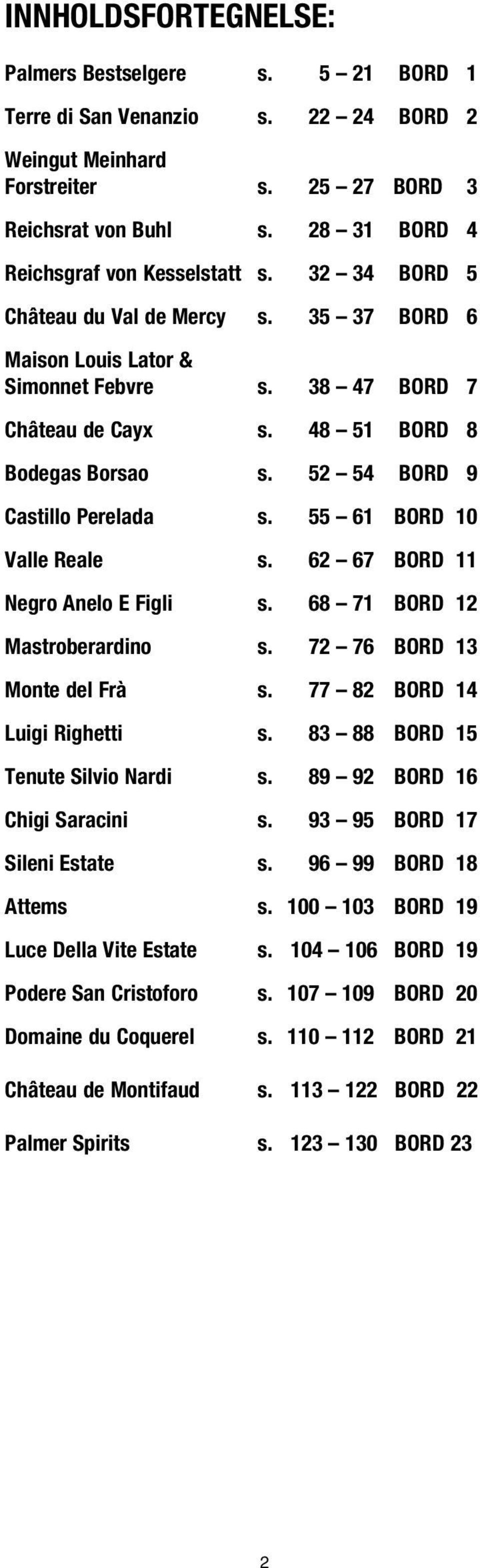 52 54 BORD 9 Castillo Perelada s. 55 61 BORD 10 Valle Reale s. 62 67 BORD 11 Negro Anelo E Figli s. 68 71 BORD 12 Mastroberardino s. 72 76 BORD 13 Monte del Frà s. 77 82 BORD 14 Luigi Righetti s.