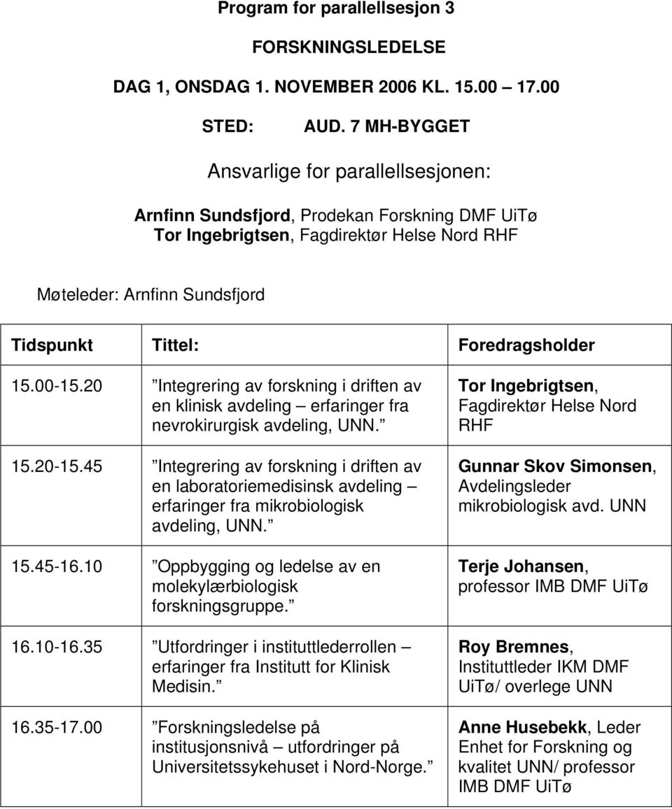 45 Integrering av forskning i driften av en laboratoriemedisinsk avdeling erfaringer fra mikrobiologisk avdeling, UNN. 15.45-16.10 Oppbygging og ledelse av en molekylærbiologisk forskningsgruppe. 16.