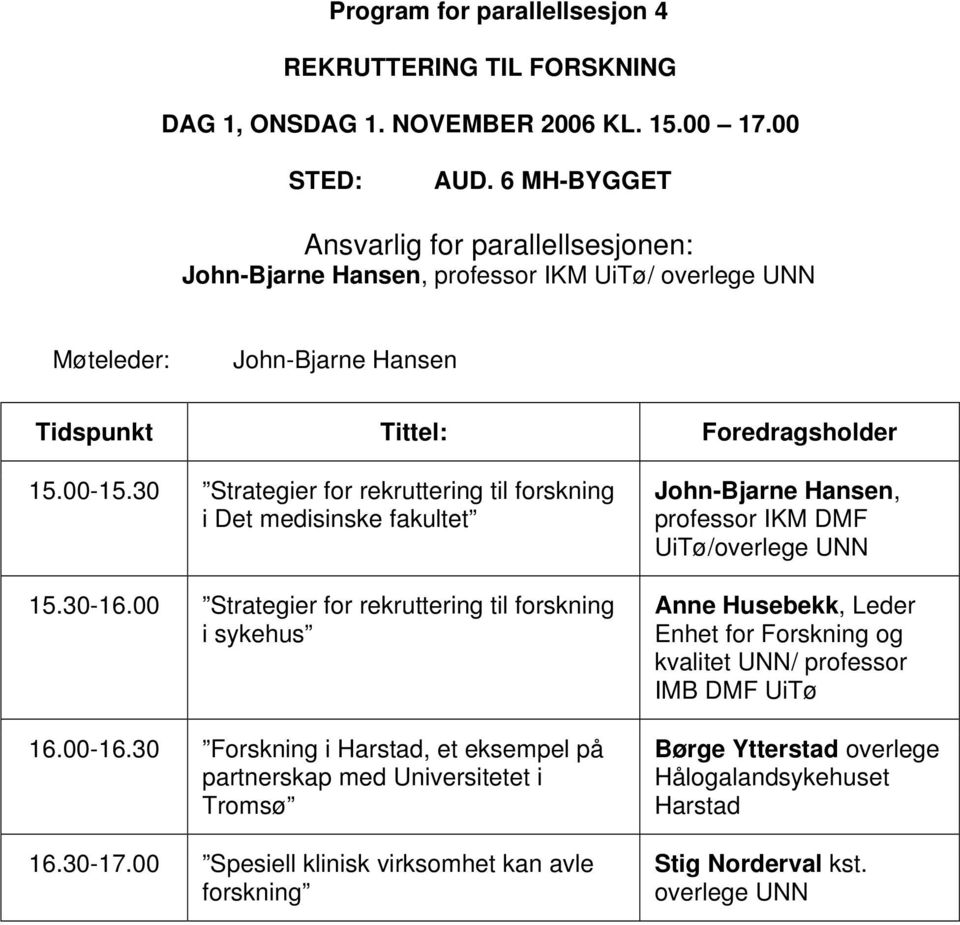 30 Strategier for rekruttering til forskning i Det medisinske fakultet 15.30-16.00 Strategier for rekruttering til forskning i sykehus 16.00-16.
