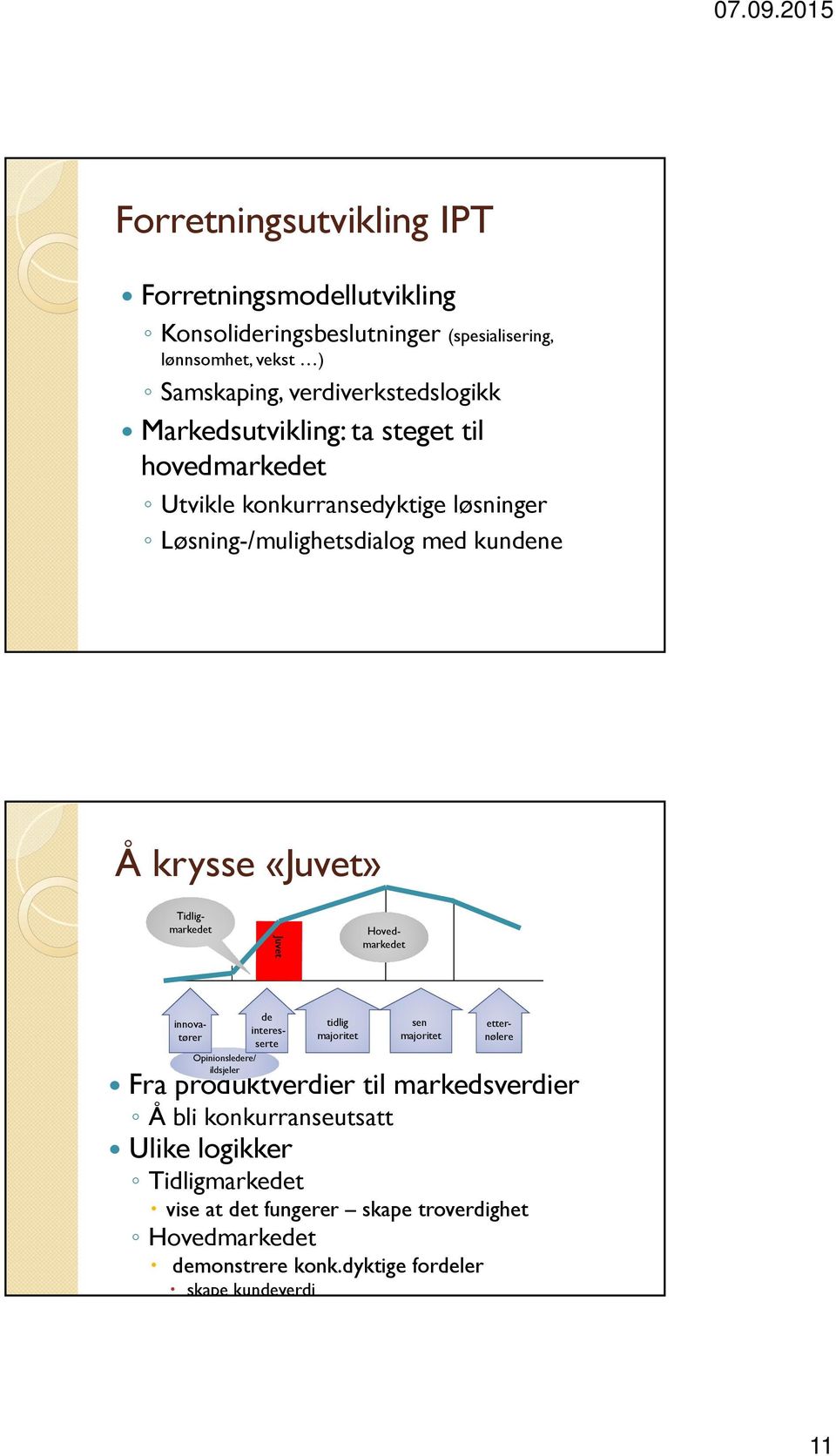 Tidligmarkedet Hovedmarkedet innovatører tidlig majoritet sen majoritet de interesserte Opinionsledere/ ildsjeler Fra produktverdier til markedsverdier Å