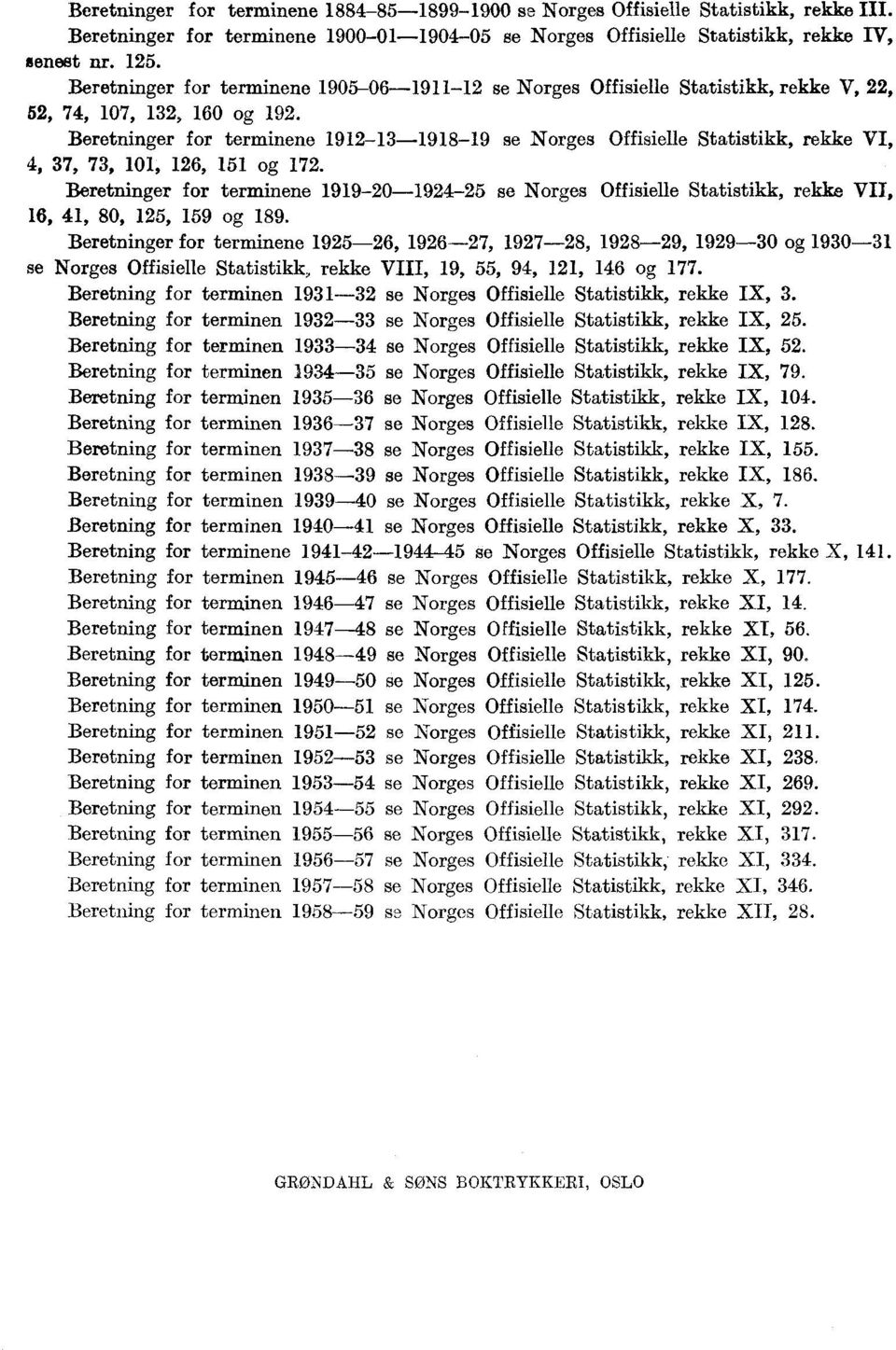 Beretninger for terminene 1912-13-1918-19 se Norges Offisielle Statistikk, rekke VI, 4, 37, 73, 11, 126, 151 og 172.