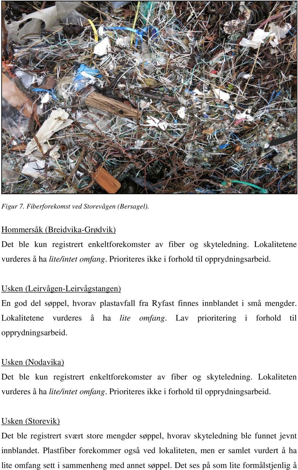 Lokalitetene vurderes å ha lite omfang. Lav prioritering i forhold til opprydningsarbeid. Usken (Nodavika) Det ble kun registrert enkeltforekomster av fiber og skyteledning.