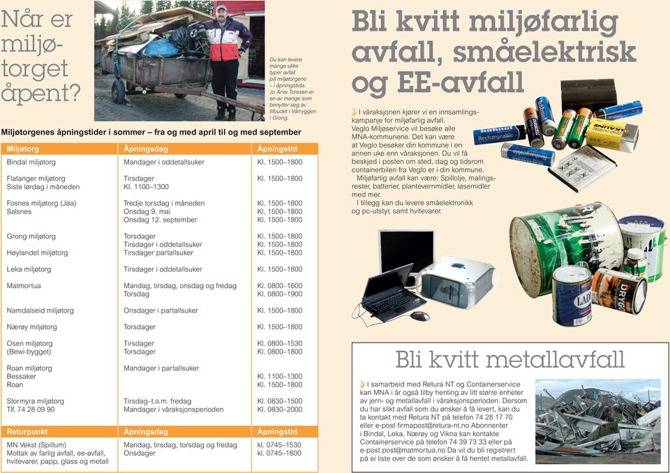 1500 1800 Siste lørdag i måneden Kl. 1100 1300 Fosnes miljøtorg (Jøa) Tredje torsdag i måneden Kl. 1500 1800 Salsnes Onsdag 9. mai Kl. 1500 1800 Onsdag 12. september Kl.