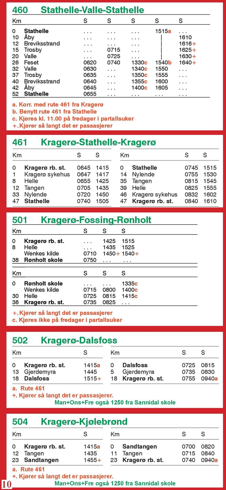 Korr. med rute 461 fra Kragerø b. Benytt rute 461 fra Stathelle c. Kjøres kl. 11.00 på fredager i partallsuker +.