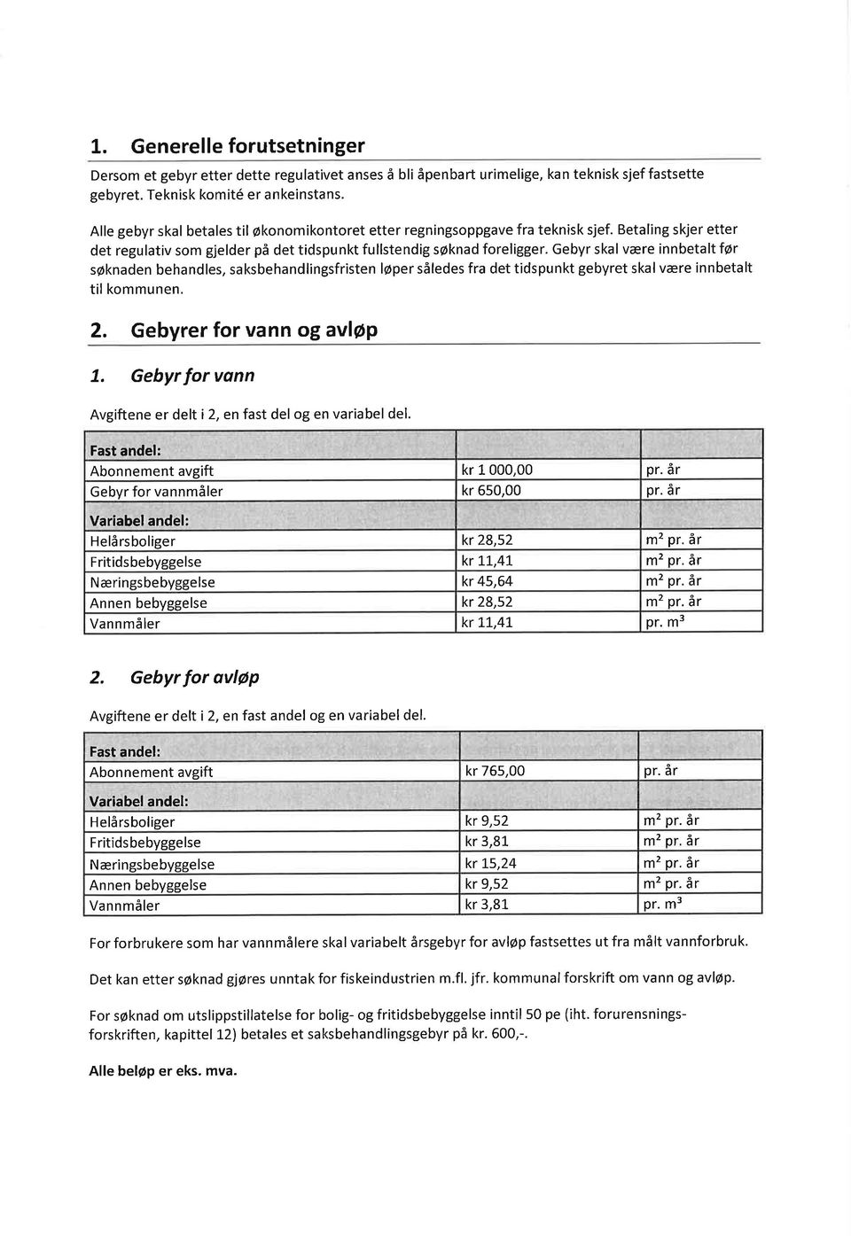 Gebyr skal være innbetalt før søknaden behandles, saksbehandlingsfristen løper således fra det tidspunkt gebyret skal være innbetalt til kommunen. 2. Gebyrer for vann og avløp 7.