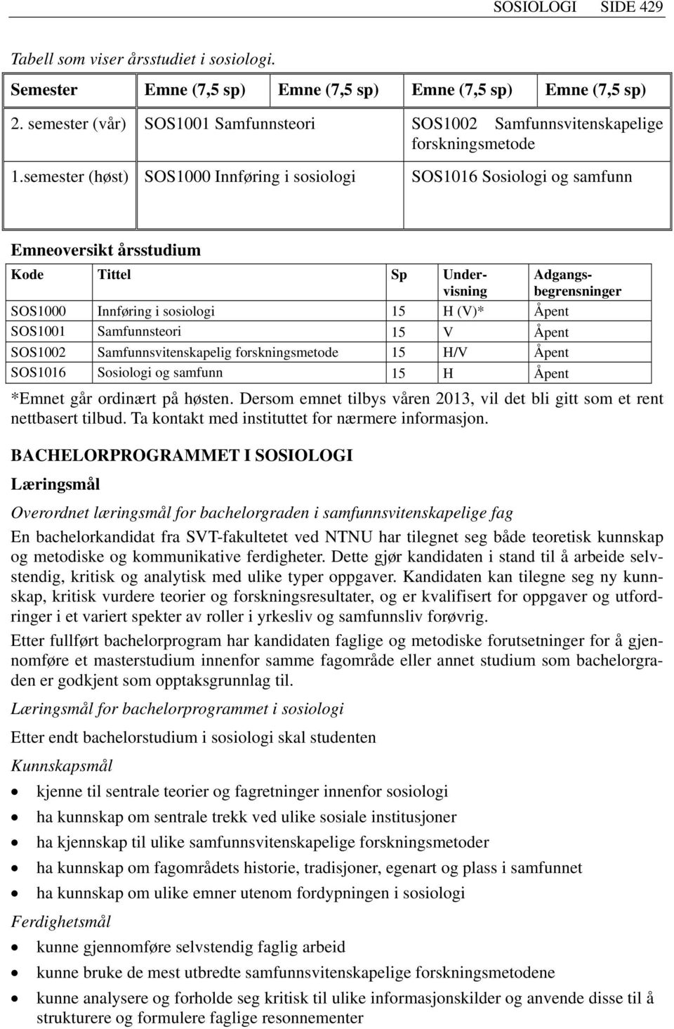 semester (høst) SOS1000 Innføring i sosiologi SOS1016 Sosiologi og samfunn Emneoversikt årsstudium Kode Tittel Sp Undervisning Adgangsbegrensninger SOS1000 Innføring i sosiologi 15 H (V)* Åpent