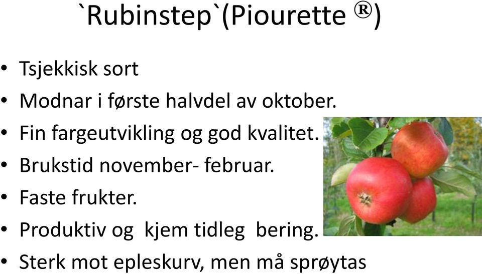 Brukstid november- februar. Faste frukter.