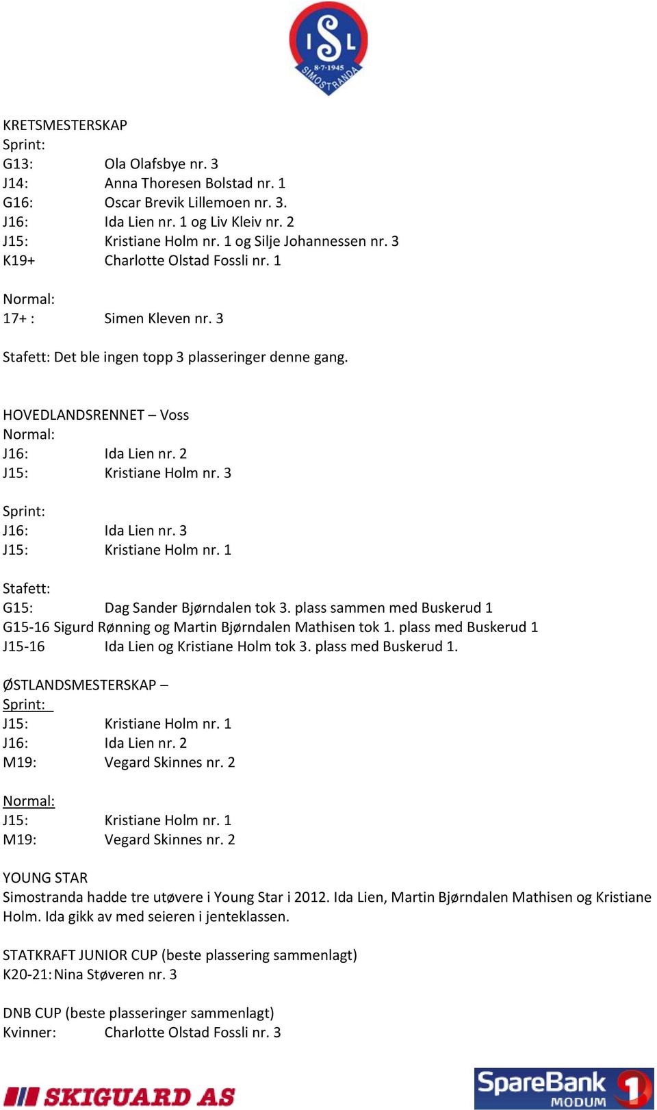 2 J15: Kristiane Holm nr. 3 Sprint: J16: Ida Lien nr. 3 J15: Kristiane Holm nr. 1 Stafett: G15: Dag Sander Bjørndalen tok 3.