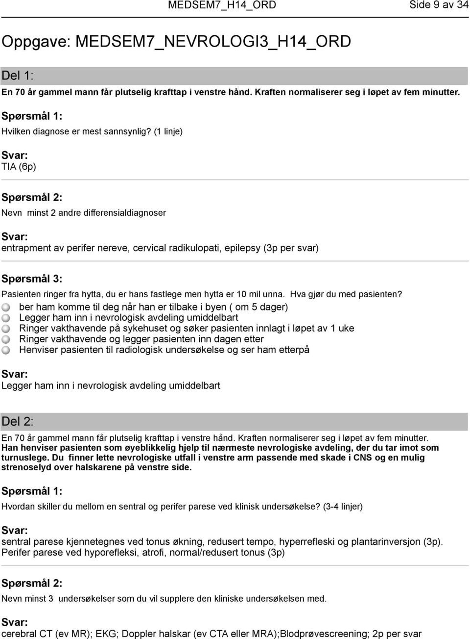 (1 linje) TIA (6p) Nevn minst 2 andre differensialdiagnoser entrapment av perifer nereve, cervical radikulopati, epilepsy (3p per svar) Pasienten ringer fra hytta, du er hans fastlege men hytta er 10