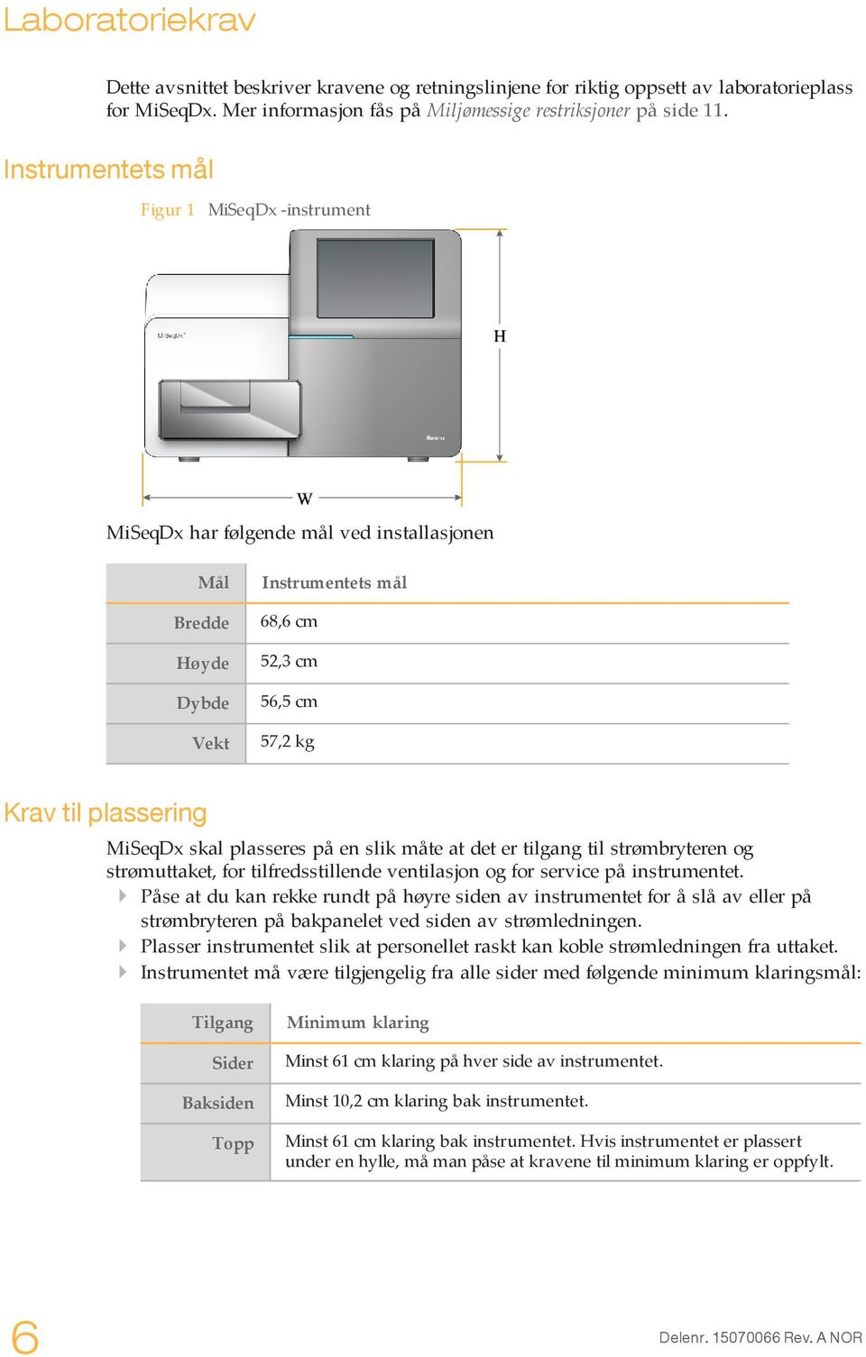 skal plasseres på en slik måte at det er tilgang til strømbryteren og strømuttaket, for tilfredsstillende ventilasjon og for service på instrumentet.