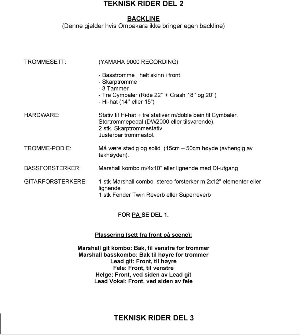 Cymbaler. Stortrommepedal (DW2000 eller tilsvarende). 2 stk. Skarptrommestativ. Justerbar trommestol. Må være stødig og solid. (15cm 50cm høyde (avhengig av takhøyden).
