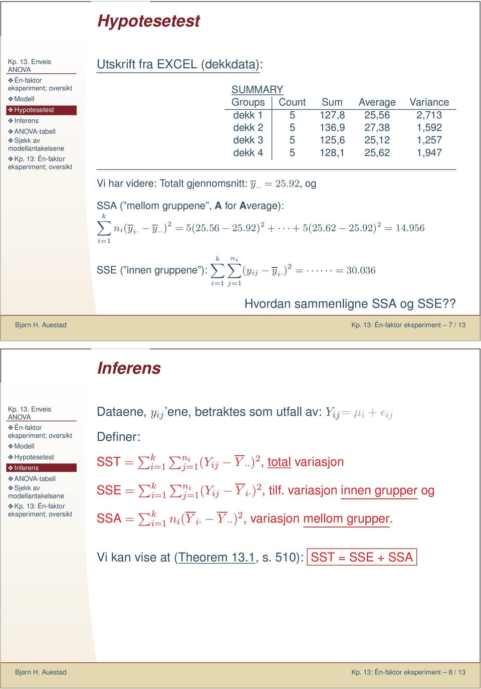 i (y i y ) 2 =5(25.56 25.92) 2 + +5(25.62 25.92) 2 =14.956 i=1 SSE ( innen gruppene ): n k i (y ij y i ) 2 = =30.036 i=1 j=1 Hvordan sammenligne SSA og SSE?? Bjørn H. Auestad Kp.