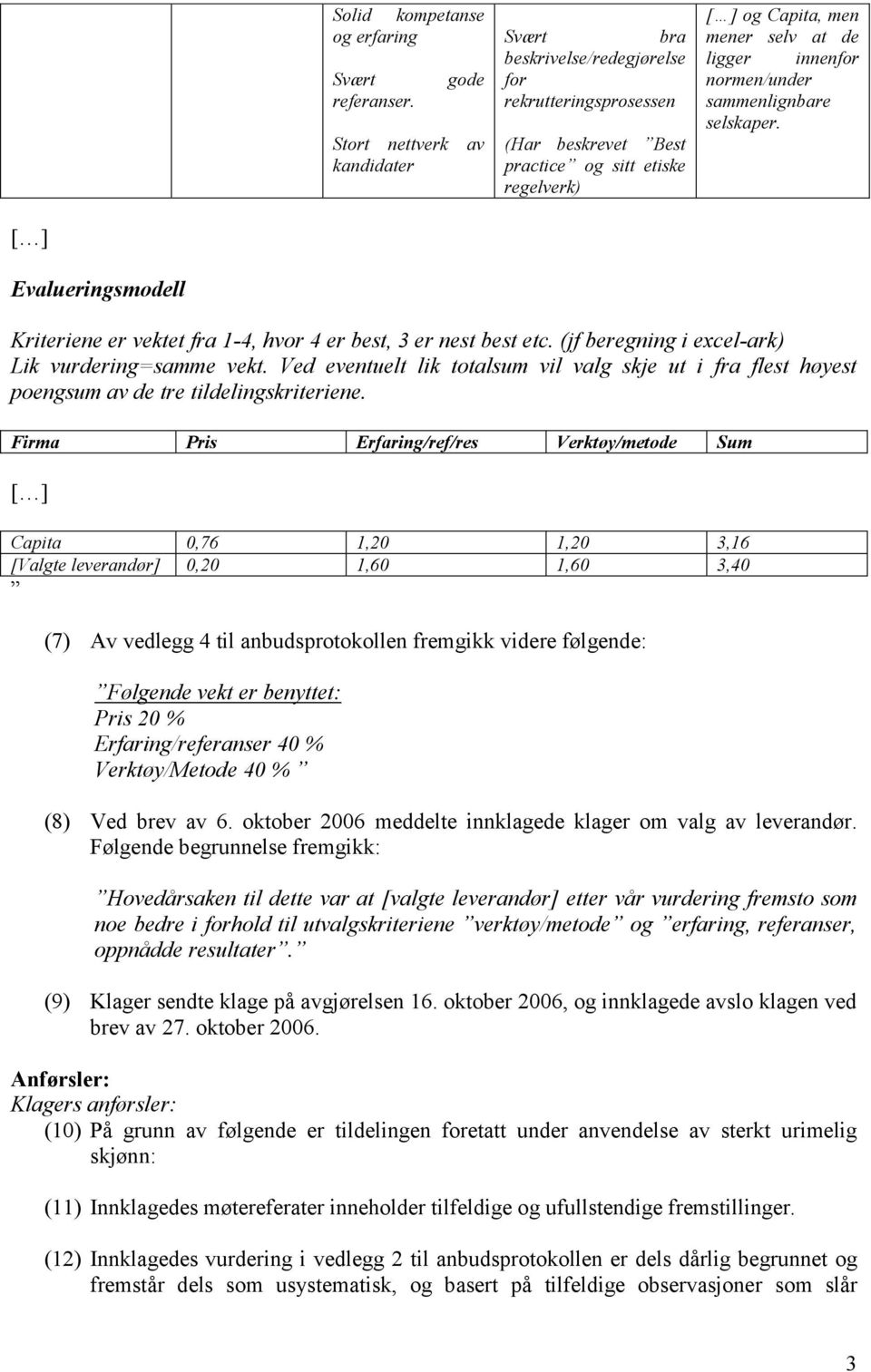 normen/under sammenlignbare selskaper. Evalueringsmodell Kriteriene er vektet fra 1-4, hvor 4 er best, 3 er nest best etc. (jf beregning i excel-ark) Lik vurdering=samme vekt.