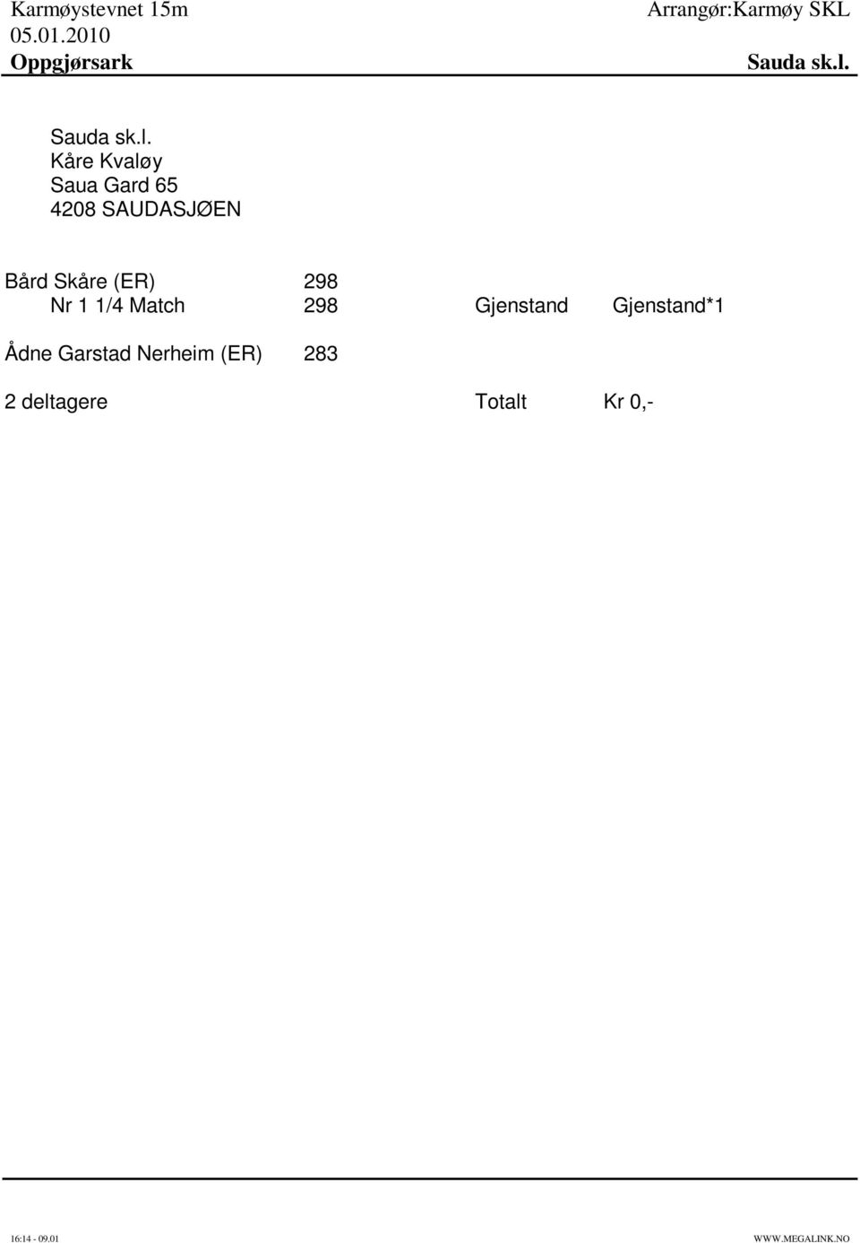 Skåre (ER) 298 Nr 1 1/4 Match 298 Gjenstand