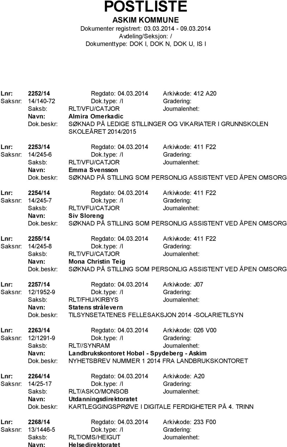 type: /I Gradering: Emma Svensson SØKNAD PÅ STILLING SOM PERSONLIG ASSISTENT VED ÅPEN OMSORG Lnr: 2254/14 Regdato: 04.03.2014 Arkivkode: 411 F22 Saksnr: 14/245-7 Dok.