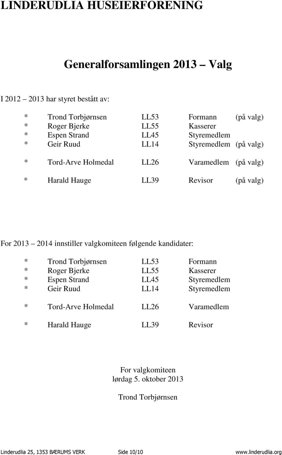 valgkomiteen følgende kandidater: * Trond Torbjørnsen LL53 Formann * Roger Bjerke LL55 Kasserer * Espen Strand LL45 Styremedlem * Geir Ruud LL14 Styremedlem *