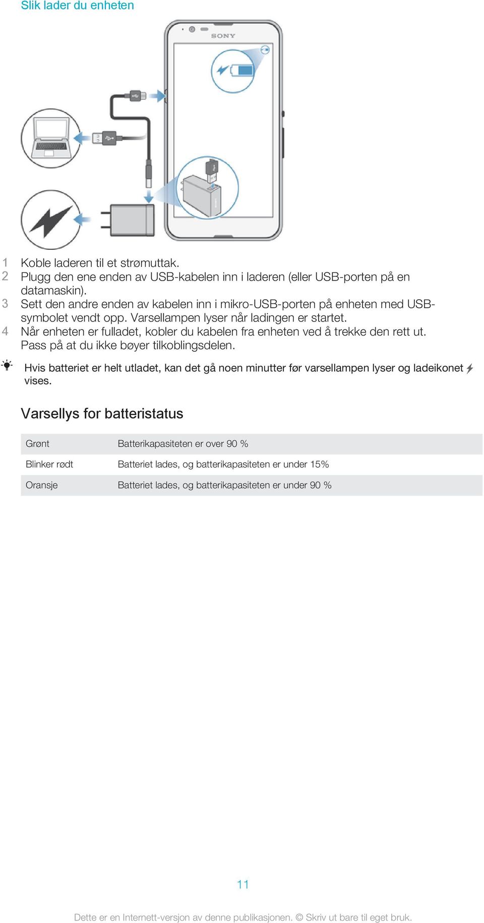 4 Når enheten er fulladet, kobler du kabelen fra enheten ved å trekke den rett ut. Pass på at du ikke bøyer tilkoblingsdelen.