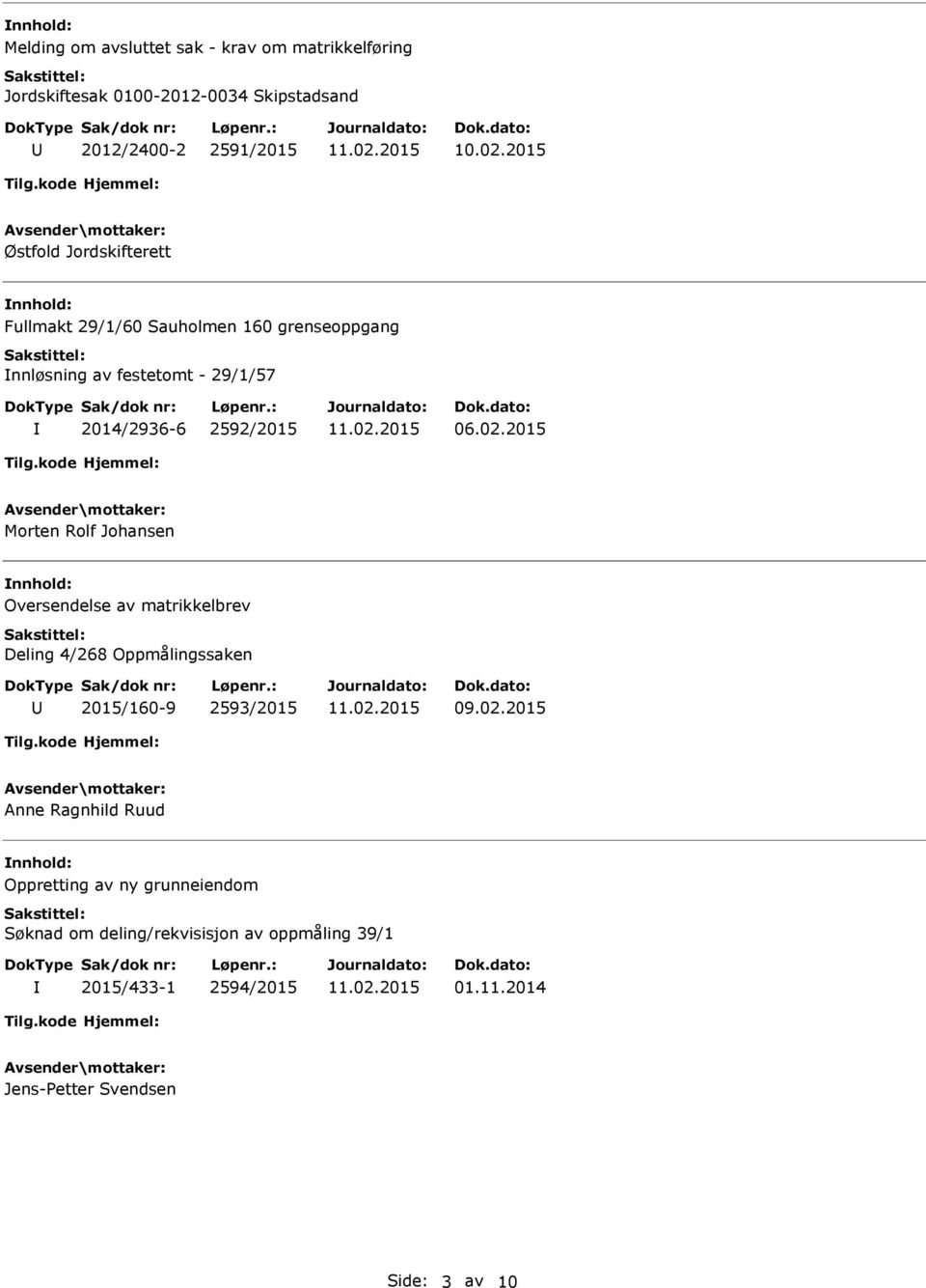 2015 Morten Rolf Johansen Oversendelse av matrikkelbrev Deling 4/268 Oppmålingssaken 2015/160-9 2593/2015 09.02.