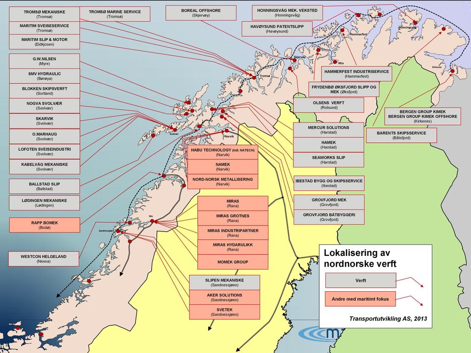 NILSEN (Myre) SMV HYDRAULIC (Børøya) Tromsø Skjervøy Alta HAMMERFEST INDUSTRISERVICE (Hammerfest) Kirkenes BLOKKEN SKIPSVERFT (Sortland) FRYDENBØ ØKSFJORD SLIPP OG MEK (Øksfjord) NOGVA SVOLVÆR