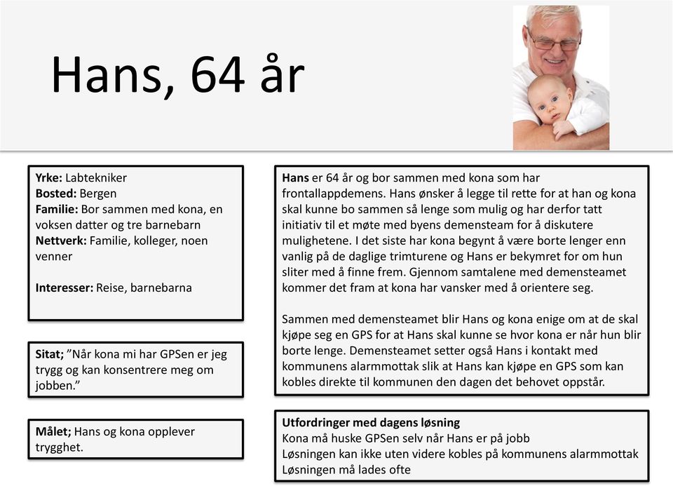 Hans ønsker å legge til rette for at han og kona skal kunne bo sammen så lenge som mulig og har derfor tatt initiativ til et møte med byens demensteam for å diskutere mulighetene.