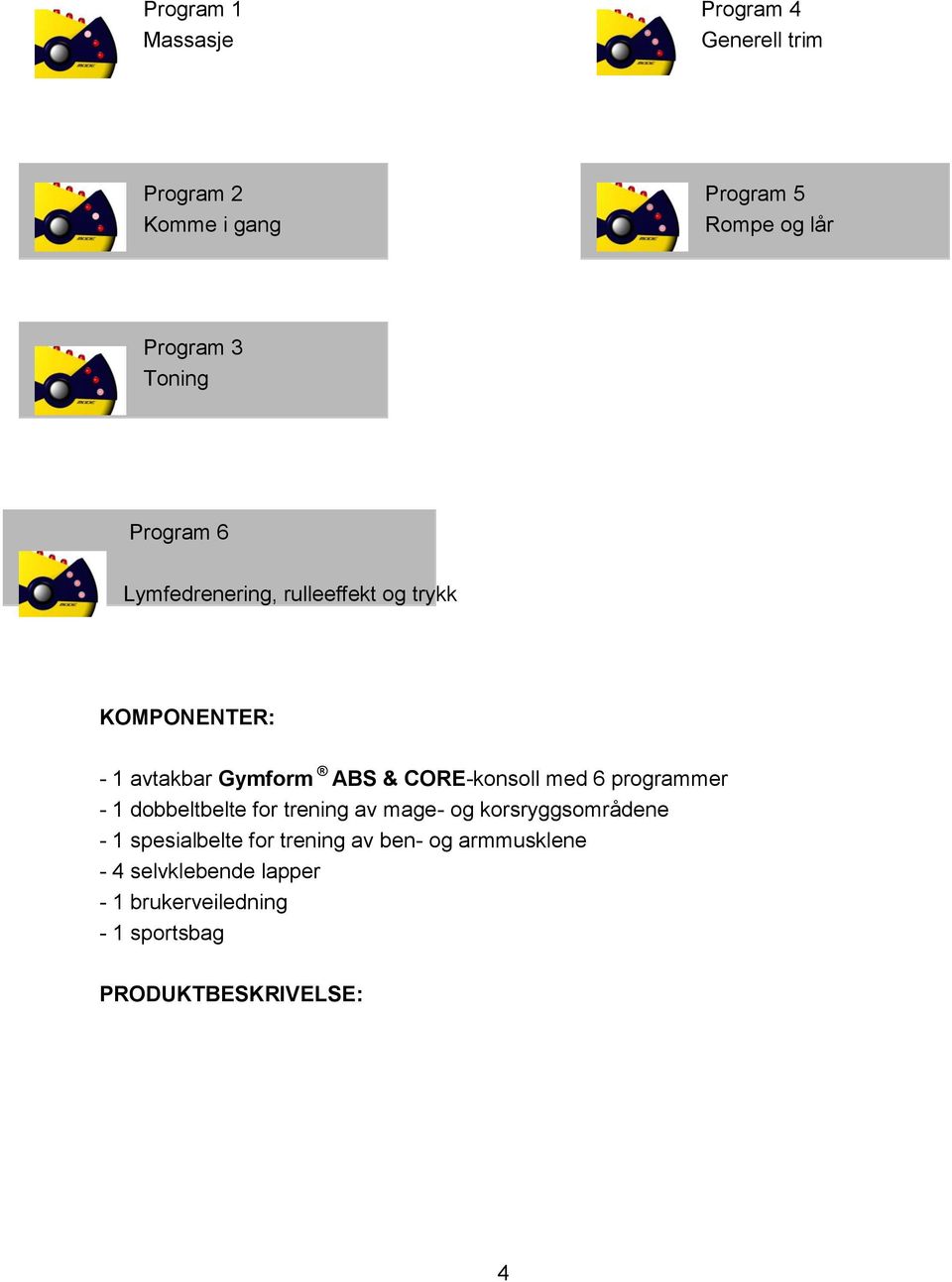 CORE-konsoll med 6 programmer - 1 dobbeltbelte for trening av mage- og korsryggsområdene - 1