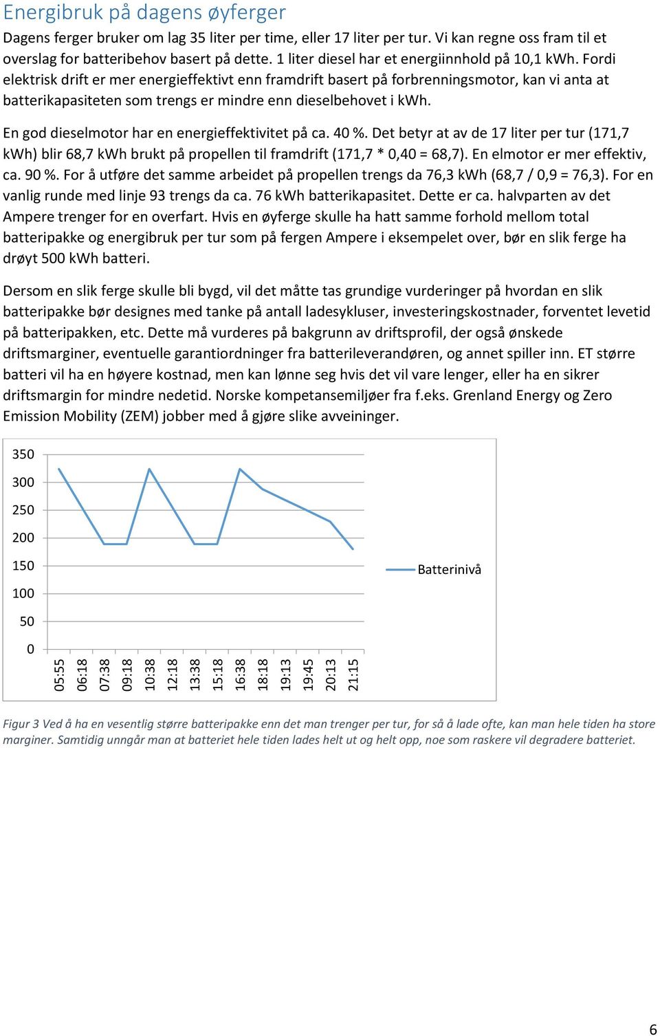 Fordi elektrisk drift er mer energieffektivt enn framdrift basert på forbrenningsmotor, kan vi anta at batterikapasiteten som trengs er mindre enn dieselbehovet i kwh.