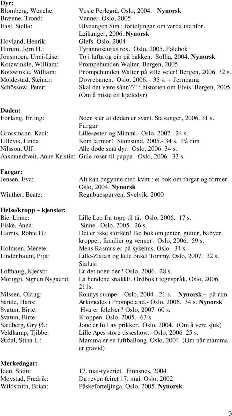 Nynorsk Kotzwinkle, William: Prompehunden Walter. Bergen, 2005 Kotzwinkle, William: Prompehunden Walter på ville veier! Bergen, 2006. 32 s. Moldestad, Steinar: Dovrebanen. Oslo, 2006. - 35 s.