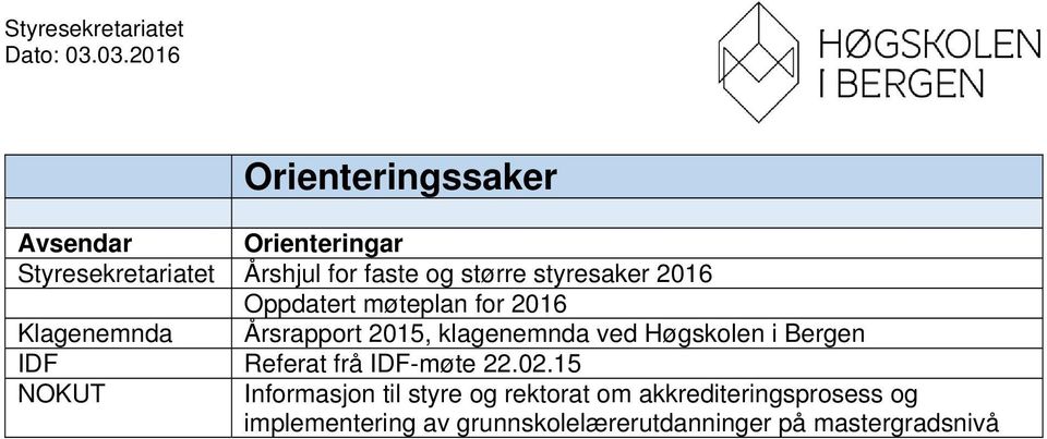 styresaker 2016 Oppdatert møteplan for 2016 Klagenemnda Årsrapport 2015, klagenemnda ved Høgskolen