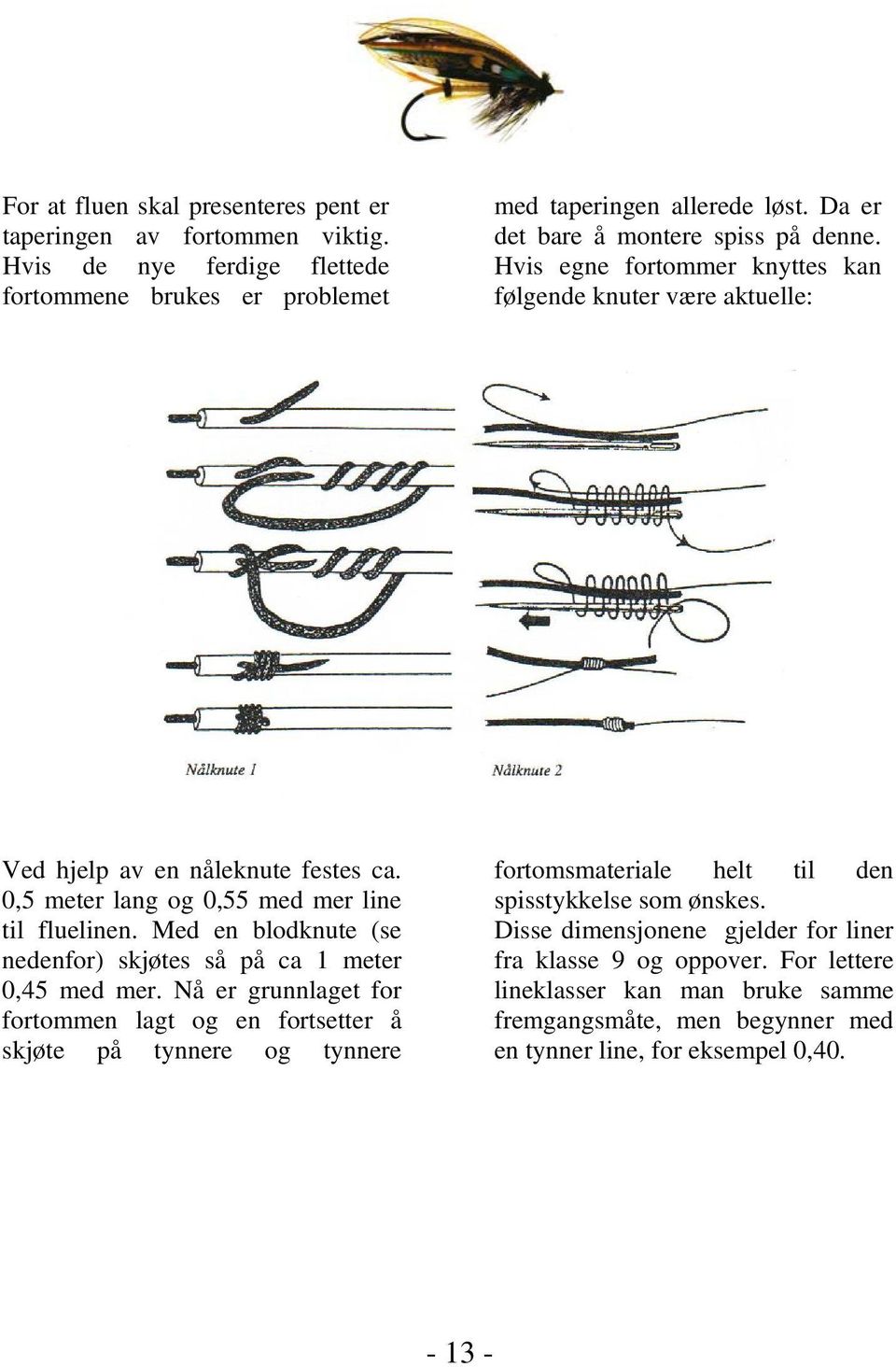 0,5 meter lang og 0,55 med mer line til fluelinen. Med en blodknute (se nedenfor) skjøtes så på ca 1 meter 0,45 med mer.
