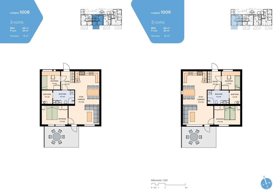 15 m²  15 m² N Målestokk: 1:100 0 0,5