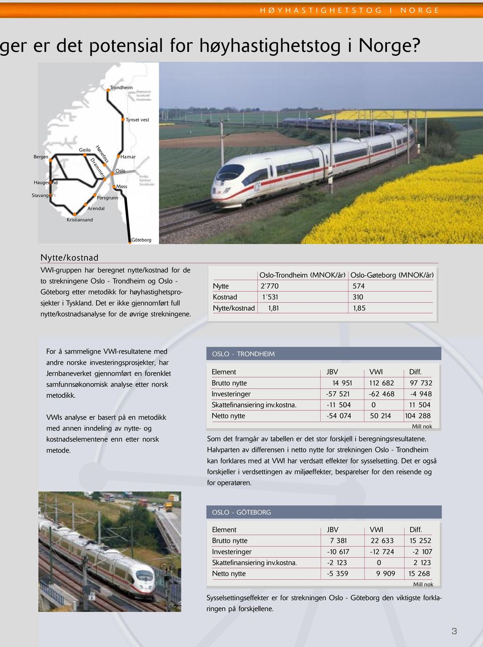 strekningene Oslo - Trondheim og Oslo - Göteborg etter metodikk for høyhastighetsprosjekter i Tyskland. Det er ikke gjennomført full nytte/kostnadsanalyse for de øvrige strekningene.