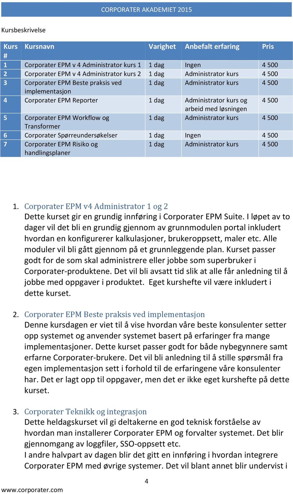 Administrator kurs 4 500 Transformer 6 Corporater Spørreundersøkelser 1 dag Ingen 4 500 7 Corporater EPM Risiko og handlingsplaner 1 dag Administrator kurs 4 500 1.