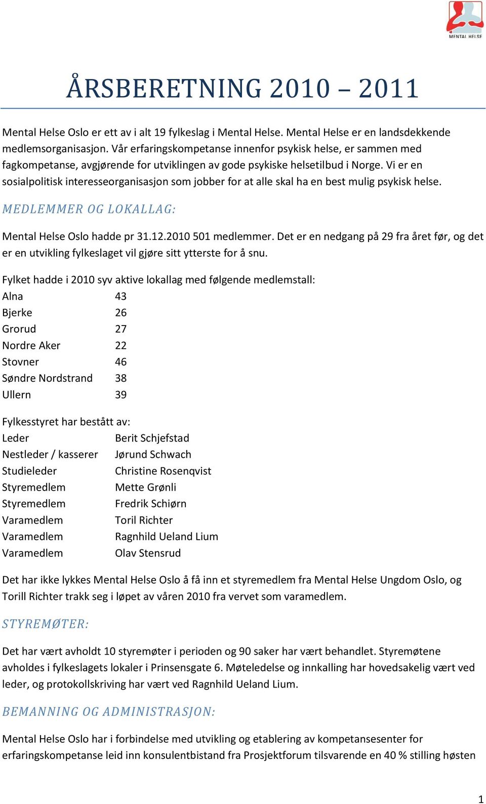 Vi er en sosialpolitisk interesseorganisasjon som jobber for at alle skal ha en best mulig psykisk helse. MEDLEMMER OG LOKALLAG: Mental Helse Oslo hadde pr 31.12.2010 501 medlemmer.