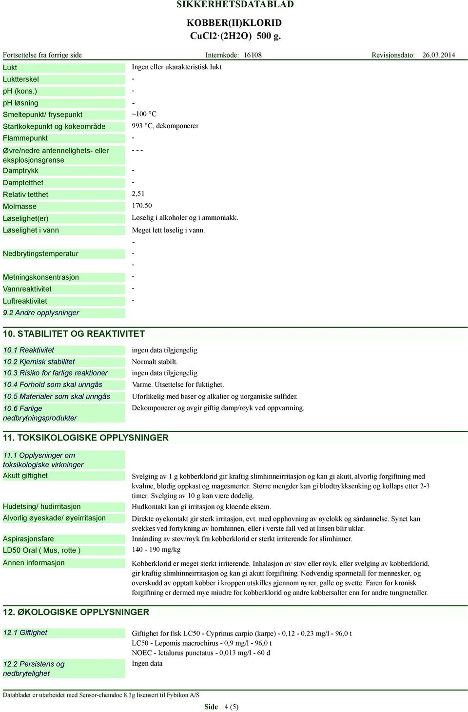 ~100 C 993 C, dekomponerer 2,51 Molmasse 170.50 Løselighet(er) Løselighet i vann Nedbrytingstemperatur Metningskonsentrasjon Vannreaktivitet Luftreaktivitet 9.