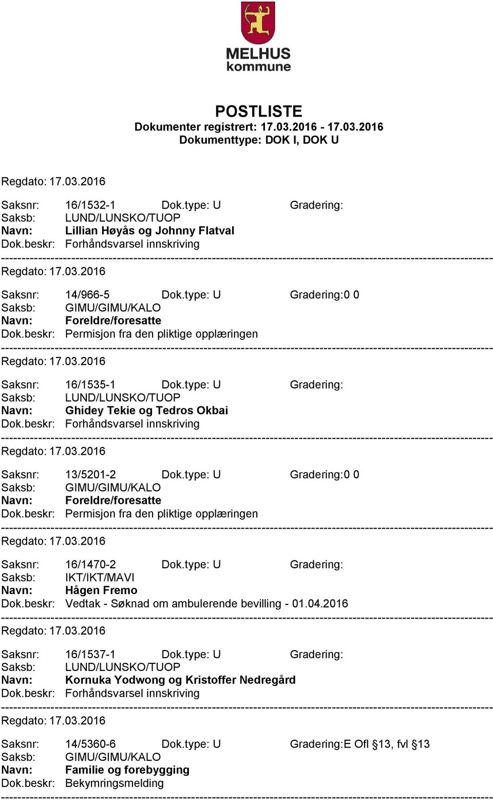 beskr: Permisjon fra den pliktige opplæringen Saksnr: 16/1470-2 Dok.type: U Gradering: Saksb: IKT/IKT/MAVI Navn: Hågen Fremo Dok.