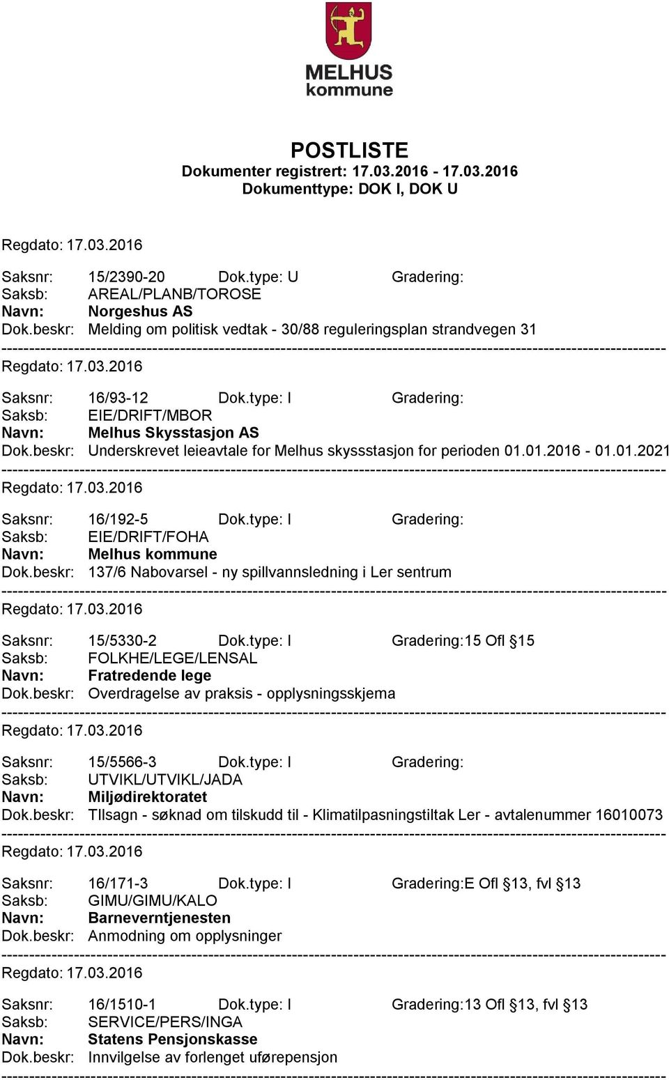 type: I Gradering: Saksb: EIE/DRIFT/FOHA Navn: Melhus kommune Dok.beskr: 137/6 Nabovarsel - ny spillvannsledning i Ler sentrum Saksnr: 15/5330-2 Dok.