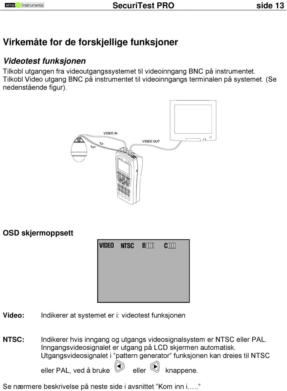 OSD skjermoppsett Video: Indikerer at systemet er i: videotest funksjonen NTSC: Indikerer hvis inngang og utgangs videosignalsystem er NTSC eller PAL.
