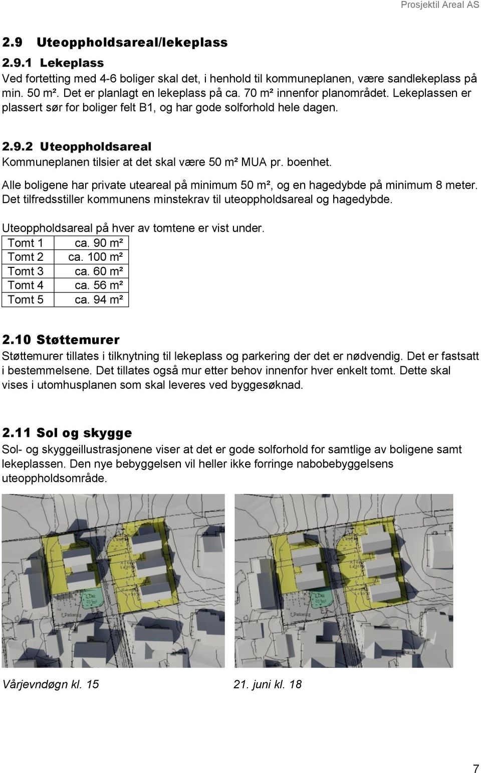 Alle boligene har private uteareal på minimum 50 m², og en hagedybde på minimum 8 meter. Det tilfredsstiller kommunens minstekrav til uteoppholdsareal og hagedybde.