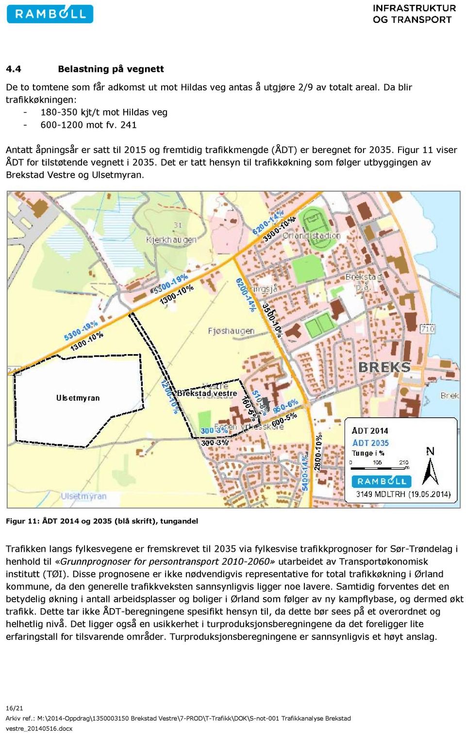 Det er tatt hensyn til trafikkøkning som følger utbyggingen av Brekstad Vestre og Ulsetmyran.