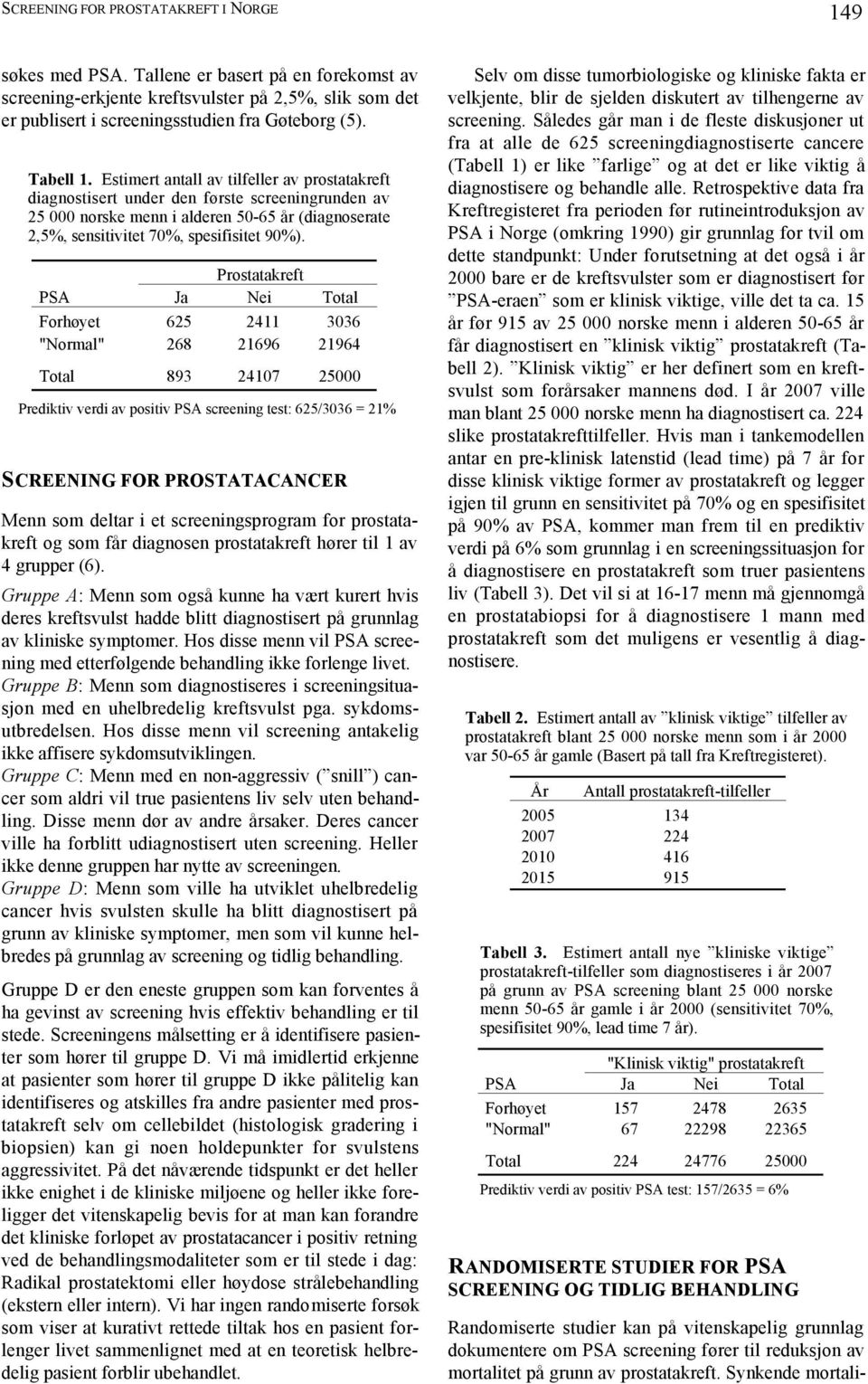 Prostatakreft PSA Ja Nei Total Forhøyet 625 2411 3036 "Normal" 268 21696 21964 Total 893 24107 25000 Prediktiv verdi av positiv PSA screening test: 625/3036 = 21% SCREENING FOR PROSTATACANCER Menn