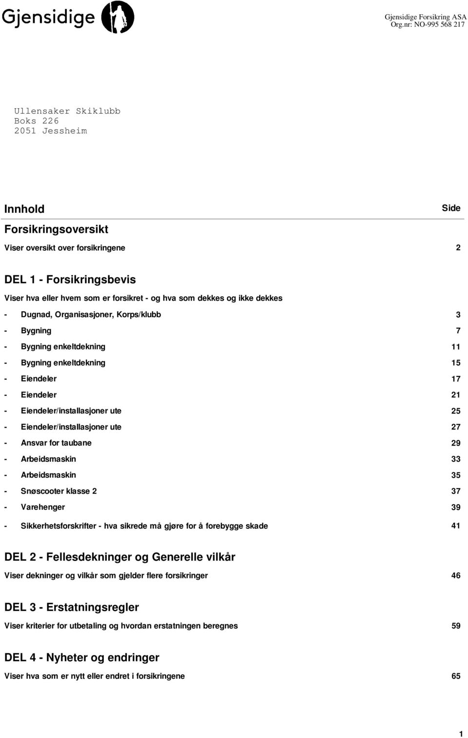 hva som dekkes og ikke dekkes - Dugnad, Organisasjoner, Korps/klubb 3 - Bygning 7 - Bygning enkeltdekning 11 - Bygning enkeltdekning 15 - Eiendeler 17 - Eiendeler 21 - Eiendeler/installasjoner ute 25