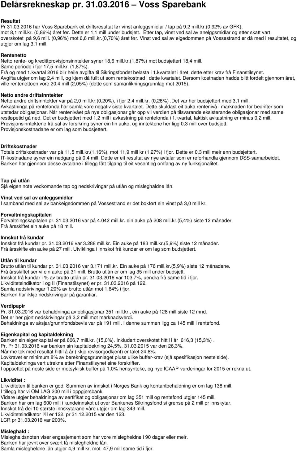 Vinst ved sal av eigedommen på Vossestrand er då med i resultatet, og utgjer om lag 3,1 mill. Rentenetto Netto rente- og kredittprovisjonsinntekter syner 18,6 mill.kr.(1,87%) mot budsjettert 18,4 mill.