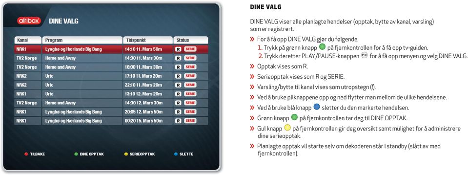 Varsling/bytte til kanal vises som utropstegn (!). Ved å bruke pilknappene opp og ned flytter man mellom de ulike hendelsene.